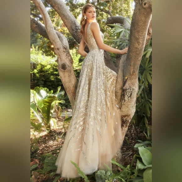 Champagne gold or blue gold fitted glitter new long gown with wrap skirt - Picture 6 of 12